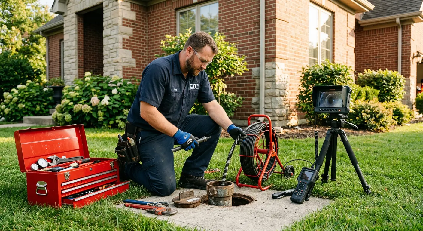 Sewer specialist with camera equipment servicing a cleanout in Terrell