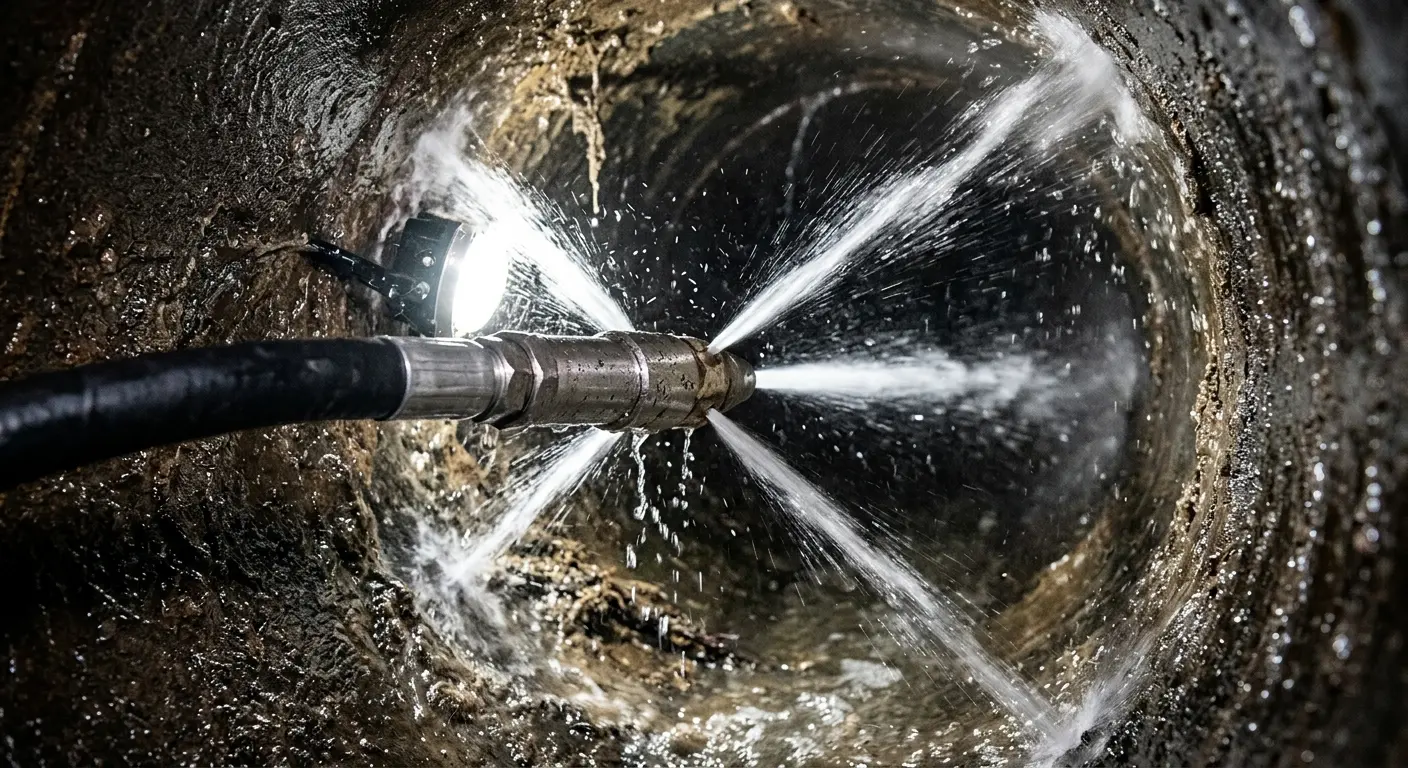High-pressure hydro jetting nozzle cleaning sewer pipe for Sewer Cleanout in Terrell
