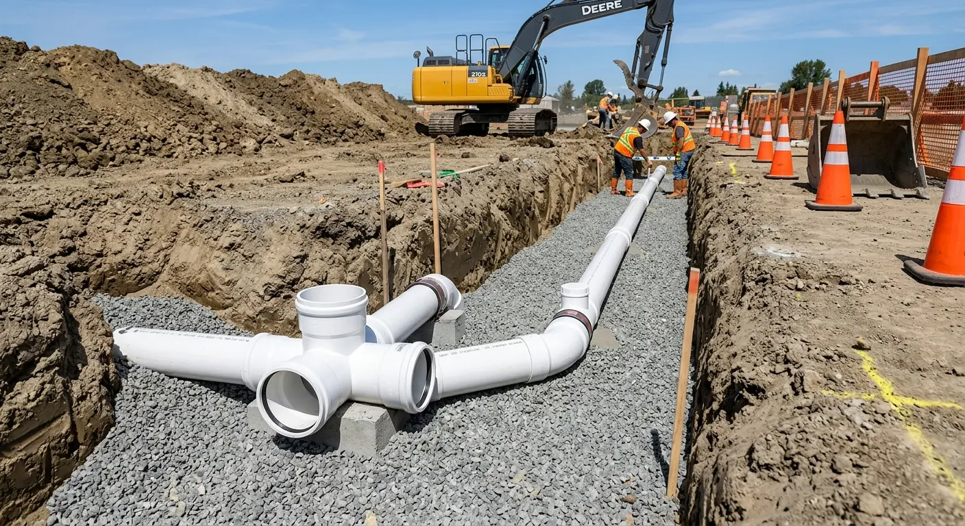 New PVC sewer pipe installation in open trench for Grease Trap Cleaning in Terrell